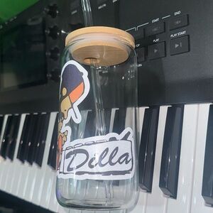 J Dilla inspired 16oz glass cup w/ glass straw and wood lid *New